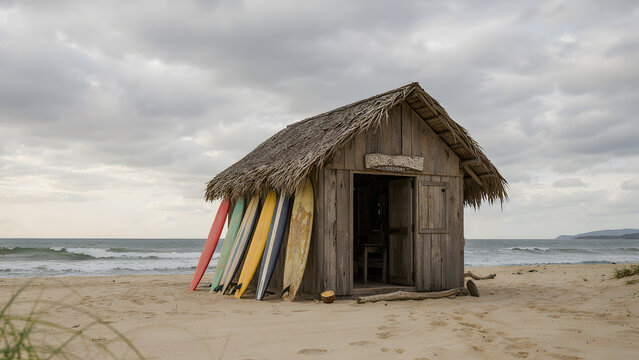 Rustic thatched surf shack with colorful surf boards leaning against hut on tropical sandy beach under cloudy sky and rolling waves outdoor coastal retreat atmosphere, created with generative ai