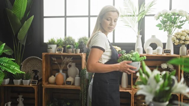 Woman florist in apron holding a potted plant in a floral studio with shelves of vases and greenery; serenity care.