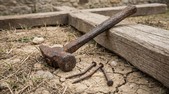 Close-up of an old rusty hammer and several bent nails on dry, cracked earth near wooden beams, a biblical concept of the crucifixion and labor