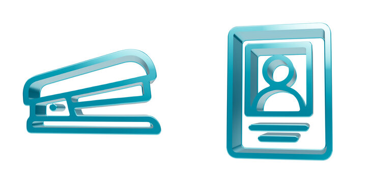 Modern office stapler and employee identification badge displayed as shiny metallic blue three dimensional icons