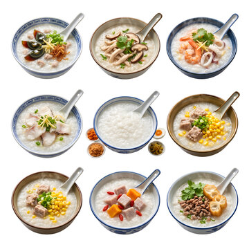 Collection of various traditional Asian rice porridge congee bowls with different toppings.