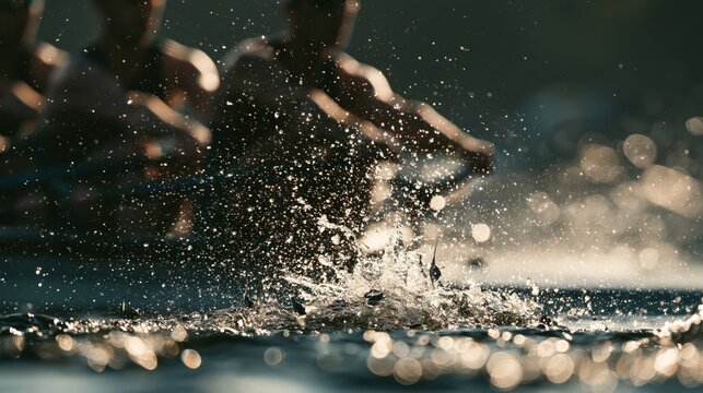 A competitive professional swimmer executes a powerful stroke through the refreshing outdoor pool water while creating numerous glistening droplets that shimmer brightly under the warm summer