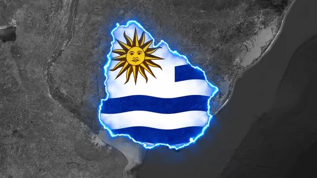 Uruguay map glowing with electric blue motion animation video effect