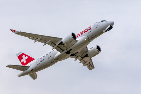 Hannover, Germany &ndash; 25 August 2026 SWISS Airbus A220-100 HB-JBI Climbing After Takeoff with Landing Gear Retracting