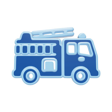 3D rendered blue fire truck icon with ladder on side profile view of emergency vehicle symbol for projects isolated on a transparent background