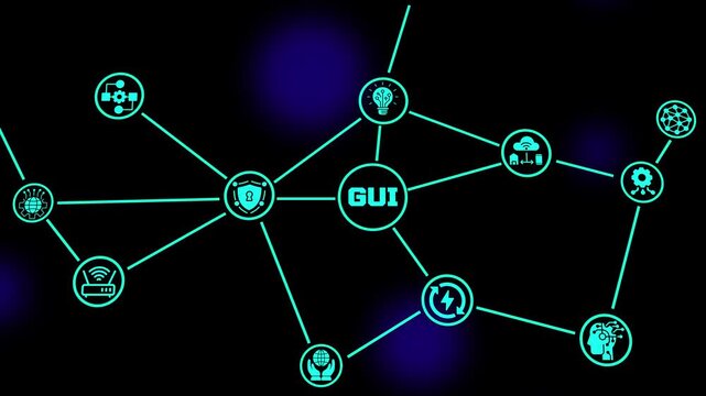 GUI graphical user interface concept featuring interactive digital applications, modern software design, connected systems, automation and enterprise technology.