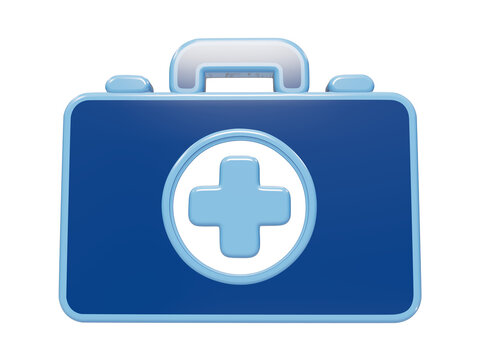 3D rendered blue first aid kit icon with a light blue cross symbol and rounded rectangular shape for medical emergency use isolated on a transparent background