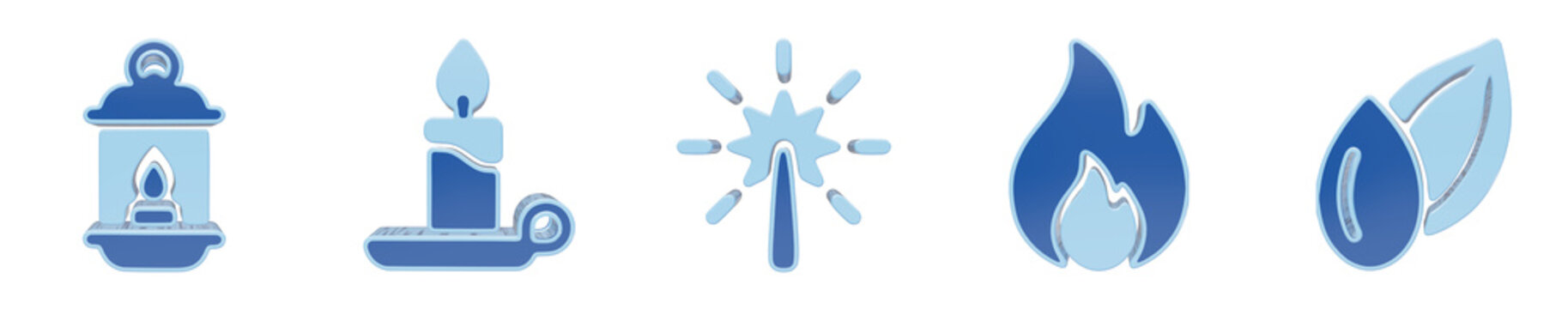 Collection of blue glowing icons featuring light sources fire and natural water drop symbols