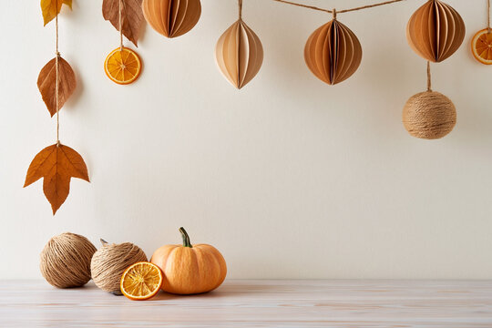 Autumn decoration with pumpkin, dried orange slices, leaves and handmade paper ornaments on neutral background with natural seasonal copy space