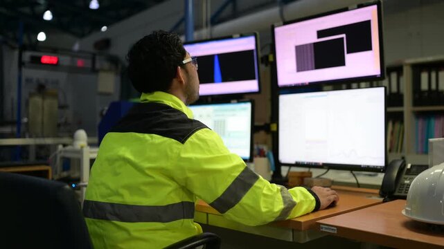 Industrial worker in high visibility clothing using multiple computer monitors at a workstation, supporting workplace operations and industrial technology.