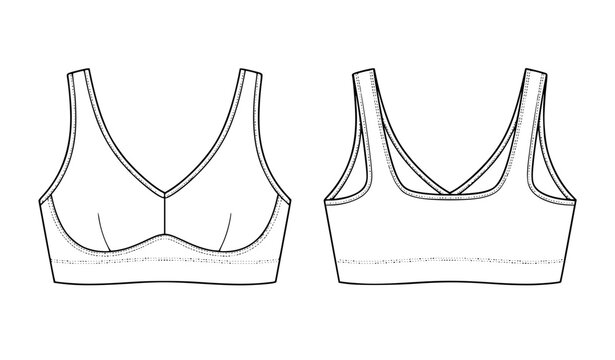 Padded wireless bra flat sketch front and back technical drawing fashion tech pack vector
