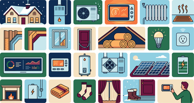 Home heating and energy efficiency vector icons set with heat pump solar panels smart thermostat boiler and insulation elements