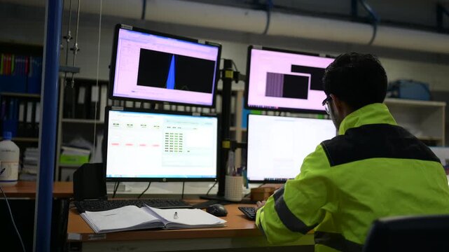 Industrial worker in high visibility clothing using multiple computer monitors at a workstation, supporting workplace operations and industrial technology.