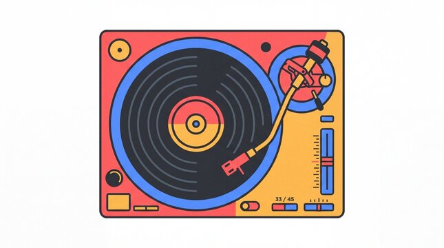 Flat vector illustration of a professional DJ turntable with vinyl record, vinyl deck equipment