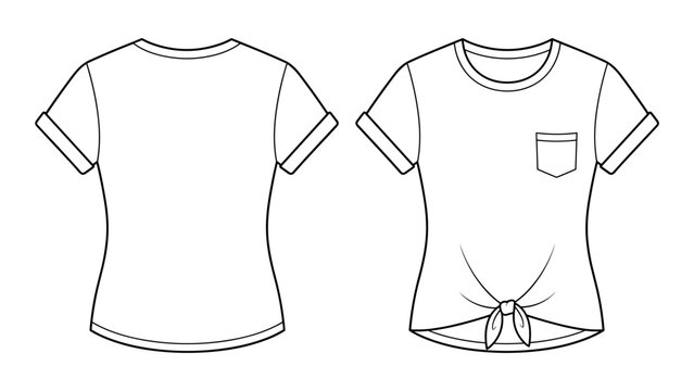 Women Front Knot Pocket T-shirt Flat Technical Drawing CAD Illustration Short Sleeve Blank Streetwear Mock-up Template for Design and Tech Packs