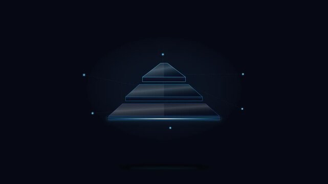 Glowing blue 3 step pyramid infographic animation on black background. 4K Video