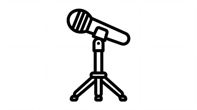 Minimalist black and white line art icon of a vocal microphone on stand, simple stage equipment graphic