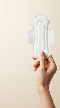 Feminine hand holding a clean white sanitary pad on light background