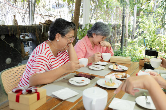 Retired senior women share laughter over tea at garden cafe reunion, enjoying desserts and warm conversation beside wrapped gifts as friendship brings joy to relaxed outdoor gathering, aging society.