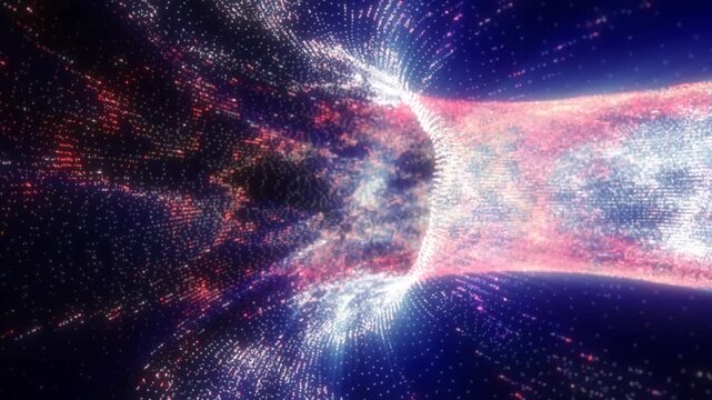 Luminous pink and white particles cascade onto a dark sphere, creating a radiant futuristic energy waterfall.