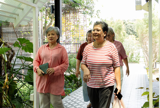 Active senior women walk together through garden cafe entrance after reunion, carrying phones, personal items while casual conversation reflects friendship, independence, social life, aging society.