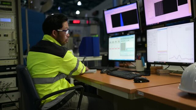 Industrial worker in high visibility clothing using multiple computer monitors at a workstation, supporting workplace operations and industrial technology.