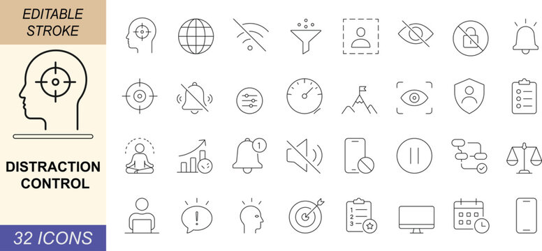 Distraction control line icon set. With focus, attention, blocking, notification, silence and productivity symbols for apps, UI, workflow and digital wellness. Editable stroke