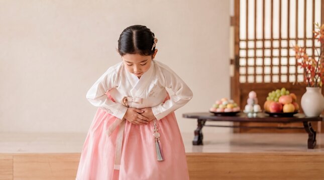 Young Korean girl in hanbok bowing in traditional interior