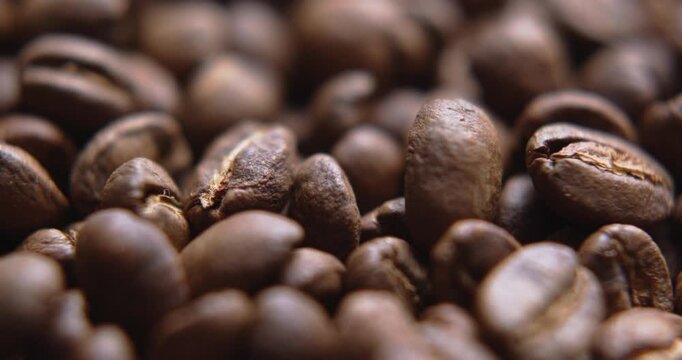 Close up macro coffee beans detailed roasted grains texture bokeh