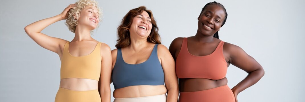 Three diverse women wearing coordinated activewear for inclusive wellness poster and banner design with soft neutral tones