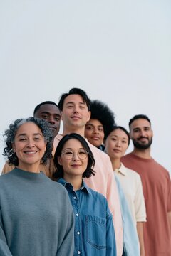 Smiling multicultural team of adults in casual clothing lined up against white background for inclusion banner and workplace diversity poster