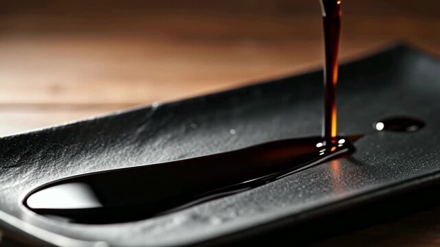 Dark Soy Sauce Pouring onto Glossy Black Slate Plate in Slow Motion