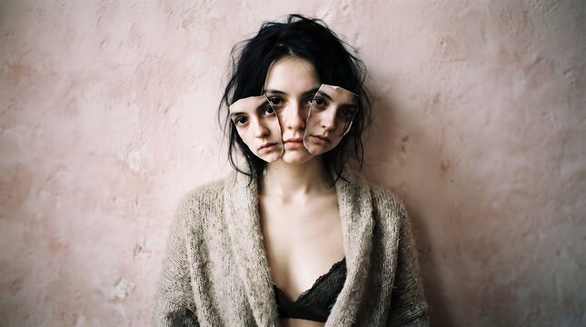 A haunting portrait of fractured identity and concealed emotions evoking a sense of unease and psychological distress