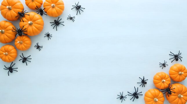 A festive halloween flat lay featuring pumpkins and plastic spiders on a light gray background