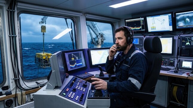 Offshore Operations Control Room: Man Operating Remote Subsea Equipment on Ship Deck