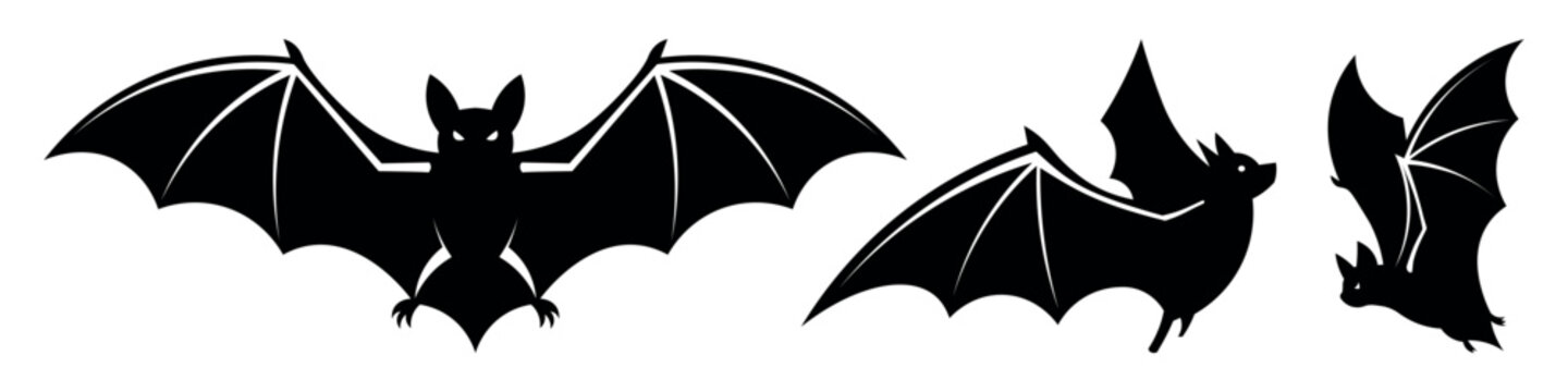 Set of black silhouettes of bats on white background. Halloween. Icon. Vector illustration.