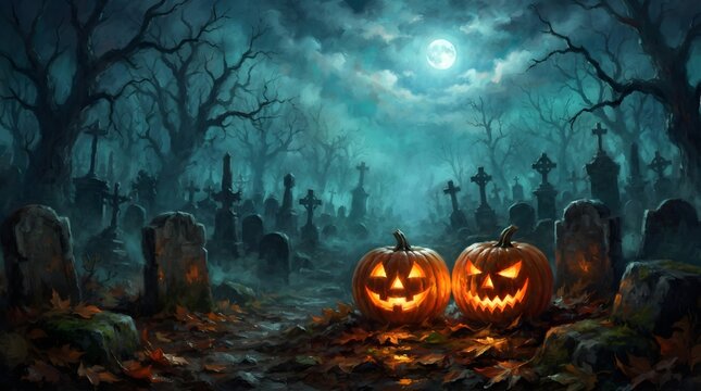A spooky halloween night scene with glowing jack o' lanterns amidst a dark eerie forest and graveyard