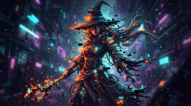 A vibrant and abstract digital artwork depicting a mysterious figure celebrating the spooky season of halloween