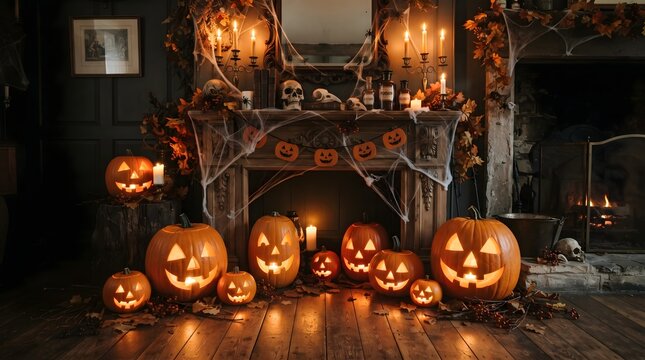 A spooky and festive halloween scene illuminated jack o' lanterns decorating a cozy fireplace mantle