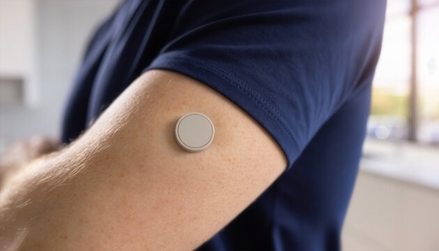 Close up of a man wearing a continuous glucose monitor patch on his arm for diabetes tracking, modern medical smart technology and healthcare concept with blurred background.