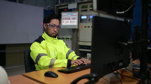 Industrial worker in high visibility clothing using multiple computer monitors at a workstation, supporting workplace operations and industrial technology.