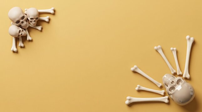Two human skulls with scattered bones arranged in opposite corners on a plain light brown background surface