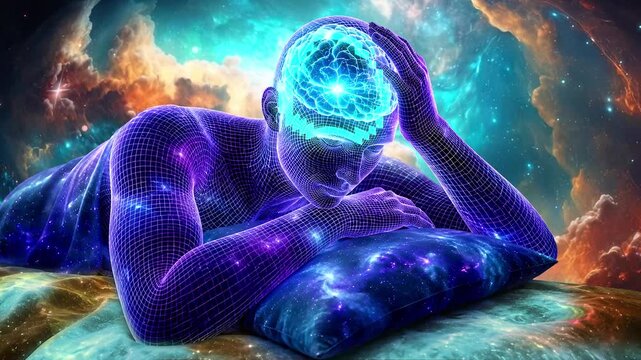 Digital Human Silhouette Resting Hand on Head with Glowing Brain Activity Visualization on Cosmic Background