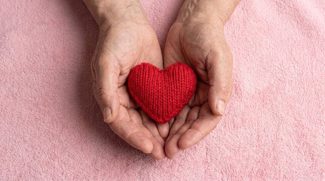 An elderly person gently holding a small handmade knitted red heart in their cupped hands against a soft pink textured background, symbolizing care, love, and compassion.