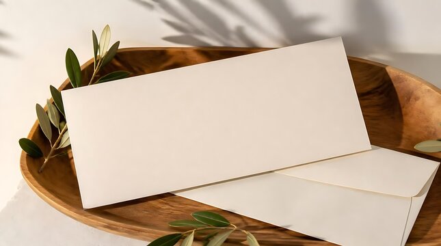 Blank white envelope and card mockup in a wooden bowl with olive branches and shadows.