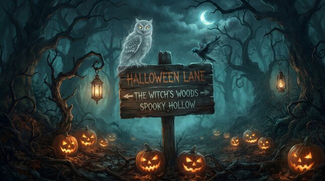 A spooky halloween night scene featuring a weathered signpost and glowing jack o' lanterns in a dark forest