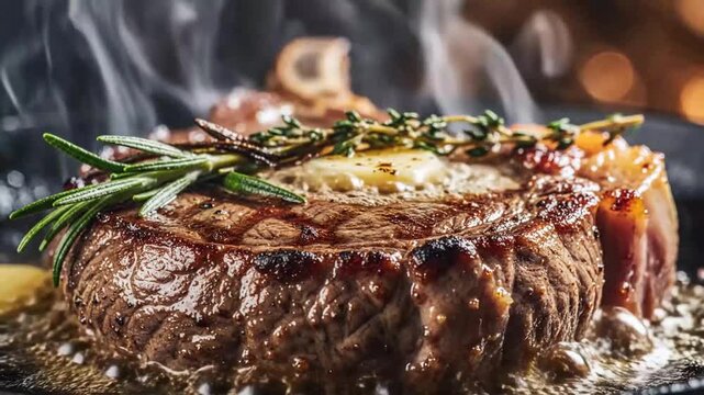 Close-up shot of steak with herb garnish on grill