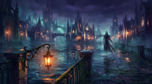 A digitally painted atmospheric gothic cityscape evokes a sense of mystery darkness and fantastical architectural wonder