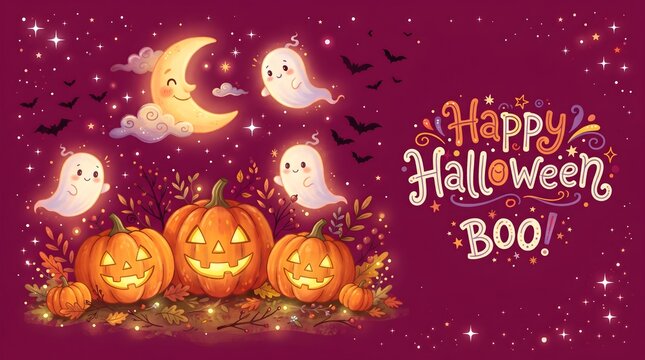 A festive and spooky halloween scene featuring glowing jack o' lanterns playful ghosts and a crescent moon
