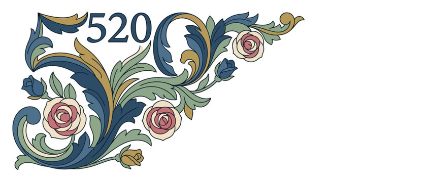 Elegant Floral Corner Ornament with Number 520, Vintage Style